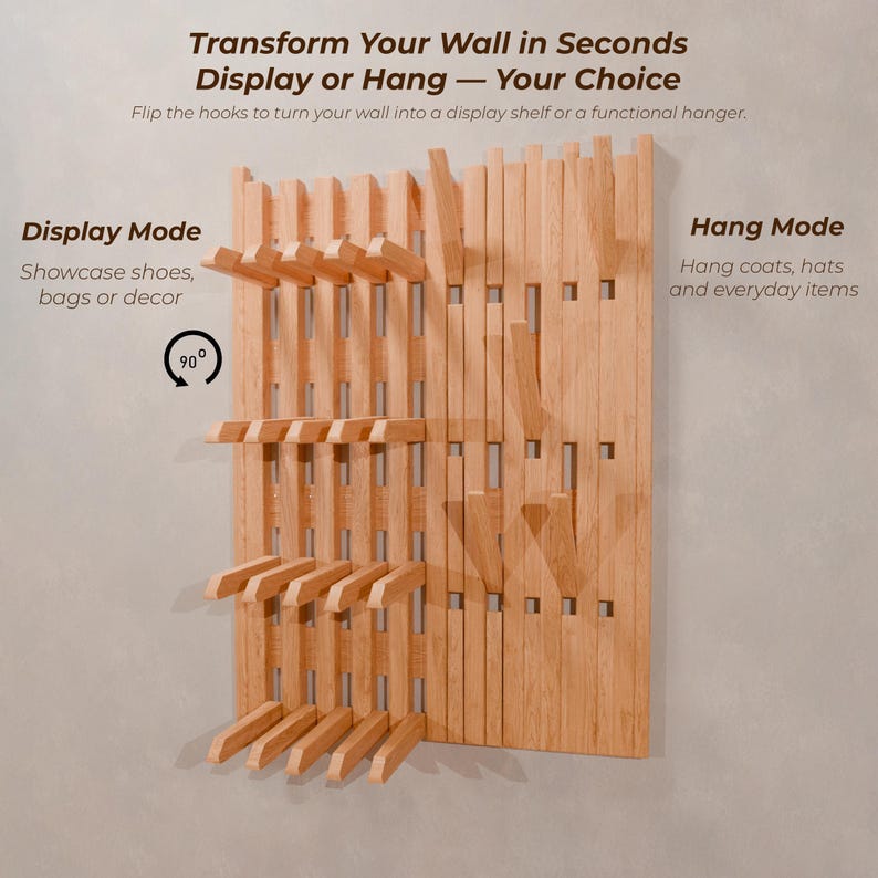 An infographic showing a light wood slatted wall rack with hooks in two positions, labeled "Display Mode" and "Hang Mode," with text overlay.