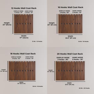 An infographic showing four dark wood slatted wall racks of varying widths, with dimensions and hook counts for "Display Mode" and "Hang Mode."
