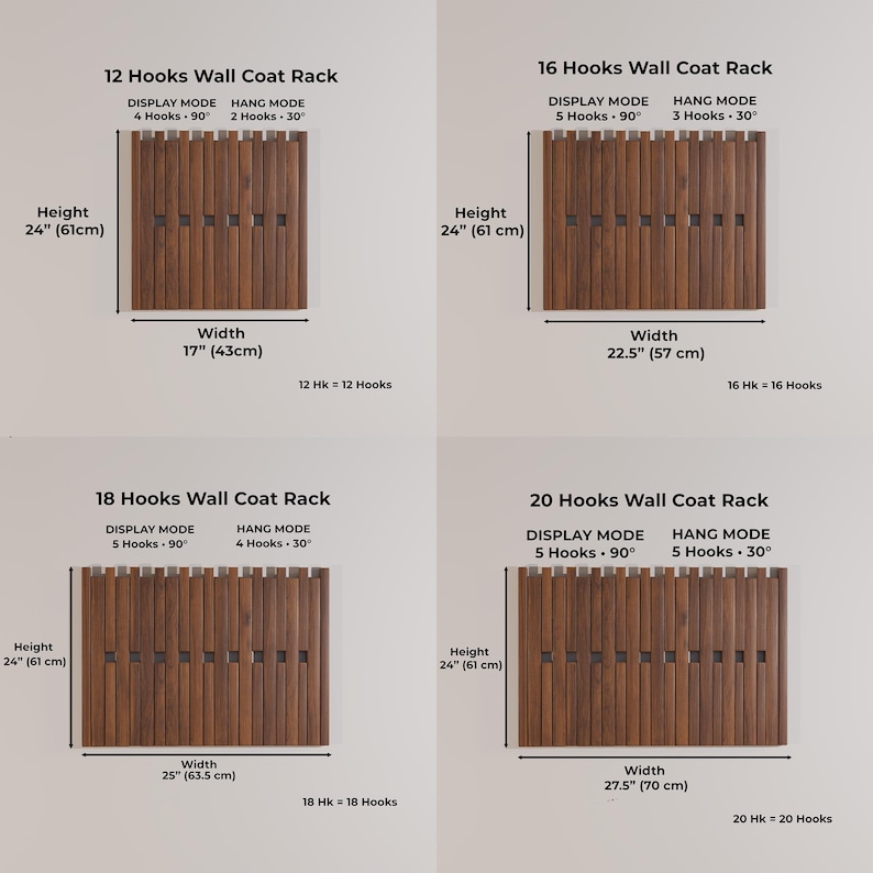 An infographic showing four dark wood slatted wall racks of varying widths, with dimensions and hook counts for "Display Mode" and "Hang Mode."