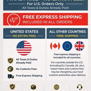 May include: An informational graphic for Casora Studio featuring text about shipping and fees. It includes sections for U.S. orders and international orders, displaying flags for the U.S., Canada, the EU, and the UK, with icons for checkout, shipping, and support.