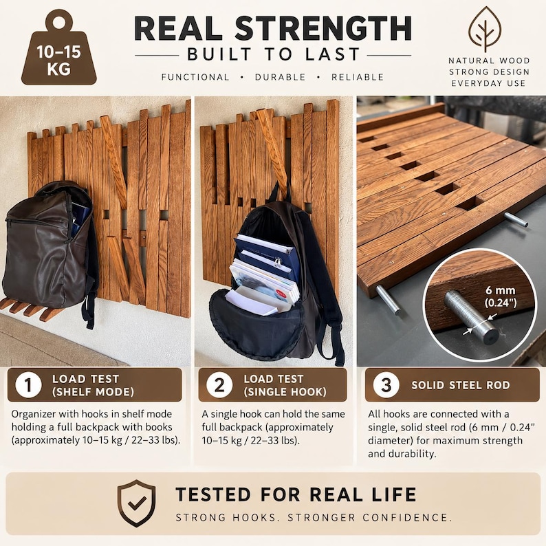 May include: A wall-mounted wooden coat rack with adjustable slats that function as hooks or a shelf. The unit features a 6 mm (0.24 inch) solid steel rod connecting the slats. Text includes REAL STRENGTH BUILT TO LAST and LOAD TEST.