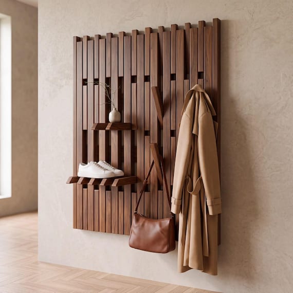 Modern Entryway Organizer | Solid Wood Wall Rack with Hooks | Shoe Storage | Handmade Coat Rack | Japandi Storage