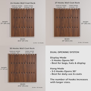 An infographic showing three dark wood slatted wall racks of varying widths, with dimensions and hook counts, plus a "Dual Opening System" description.