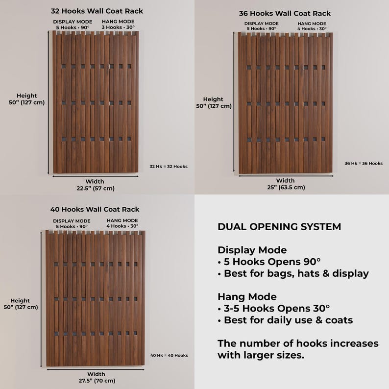 An infographic showing three tall dark wood slatted wall racks of varying widths, with dimensions and hook counts, plus a "Dual Opening System" description.