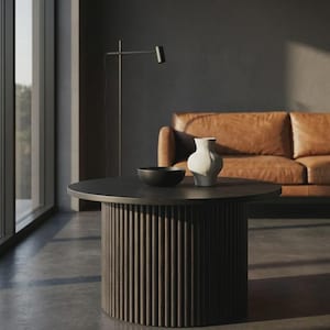 Mesa de centro de roble Japandi Drum, muebles para sala de estar, roble macizo redondo estriado.
