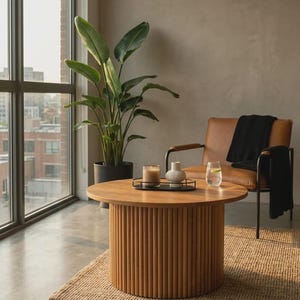Round Fluted Coffee Table, Solid Oak Drum Design with Custom Options