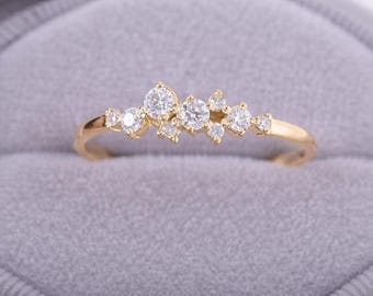 14 kt geelgouden clusterring zirkonia, sierlijke stapeltrouwring