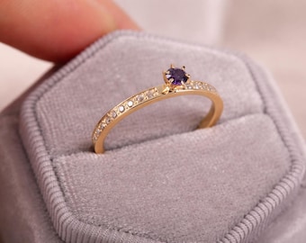 Amethyst Ring 14K Rosegold, Lila Stein Ring, minimalistischer Verlobungsring, zierlicher Goldring, Amethyst Versprechen Ring, Geschenk für sie
