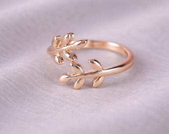 14K roségouden bladtakring, minimalistische op de natuur geïnspireerde open band botanische sieraden