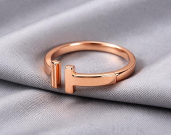 14K roségouden open ring, geometrische zirkonia, minimalistische sierlijke sieraden