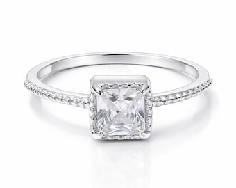 Princess Cut halo-ring, sterlingzilver 925, bruidsband zirkonia