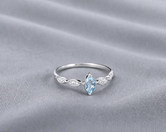 Blue Topaz Marquise Ring, 925 Sterling Silver Rhodium Plated Ring, Minimalist Leaf Ring, Dainty Stackable Ring, Gift for Her, Promise Ring