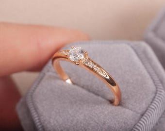 Rose Gold Engagement Ring with CZ, 4mm Center Stone, Pave Cubic Zirconia Band, 14K Gold Ring, Minimalist Promise Ring, Delicate Bridal Ring