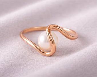 14K roségouden parelring, 7 mm witte parel, minimalistische elegante sieraden