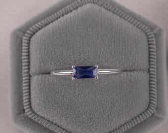 Blue Baguette CZ Ring, 925 Sterling Silver Ring, Minimalist Stackable Ring, Dainty Blue Stone Ring, Gift for Her
