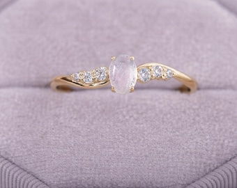 14k yellow Gold Moonstonel Ring, Delicate Cubic Zirconia Accents, Elegant Jewelry