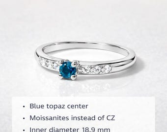 14k witgouden ring London Blue Topaas, minimalistische verlovingsring met moissanietaccenten