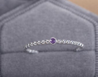 Dainty Amethyst Ring, Sterling Silver 925 Beaded Ring, Minimalist Purple Gemstone Ring, Stacking Ring, February Birthstone Gift for Her