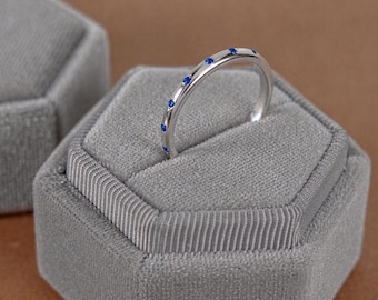 Blue CZ Band Ring, Sterling Silver 925 Rhodium Plated, Minimalist Stackable Ring, Dainty Blue Stone Ring, Thin Everyday Band, Gift for Her