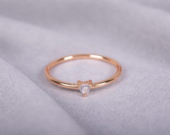 Heart CZ Ring 14K Rose Gold, Minimalist Heart Ring, Tiny Heart Promise Ring, Dainty Gold Ring, Romantic Gift for Her