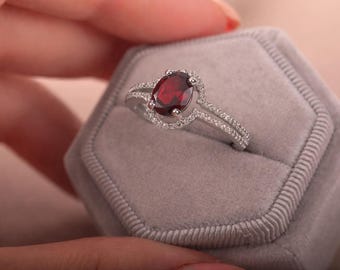 Garnet Silver Ring 925, Oval Red Garnet Ring, White CZ Halo Ring, Rhodium Plated Silver Ring, January Birthstone Ring, Gift for Her