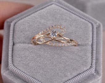 Rose Gold Ring, Solid Gold Ring, White CZ Engagement Ring, Twisted Band Ring, Minimalist Promise Ring, Delicate Gold Ring Gift for Her