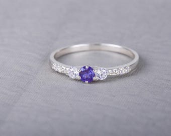White Gold Sapphire Ring, Blue Sapphire Engagement Ring, Delicate Diamond Style Ring, Minimalist Promise Ring, Dainty Gold Ring for Women