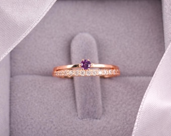 14k roségouden amethistring, delicate zirkonia-band, minimalistische stapelbare sieraden