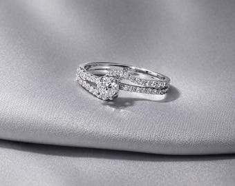 14 kt witgouden gespleten schacht effenen verlovingsring, sierlijke bruidsring zirkonia