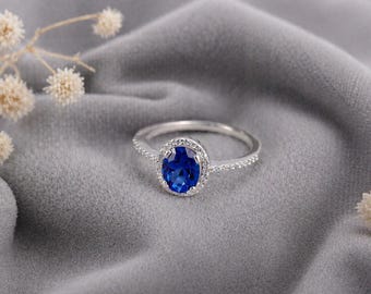Blue Oval CZ Ring, Sterling Silver Rhodium Plated, Sapphire Look Engagement Ring, Dainty Halo Ring, Minimalist Promise Ring, Gift for Her