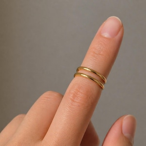 14K gult guld dubbelbandsring, moderna minimalistiska stapelbara smycken