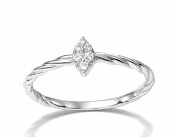 Sterlingzilveren gedraaide ring, gerhodineerde markiezine, minimalistische stapelbare beloftering