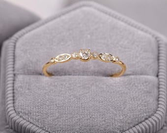 14K Rose Gold CZ Ring, Dainty Diamond Look Ring, Minimalist Engagement Ring, Thin Stacking Ring, Delicate Gold