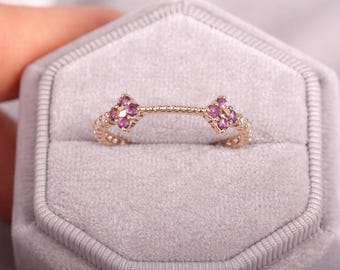 14k roségouden rhodolietring, wit zirkonia-accent, minimalistisch stapelbaar bandje