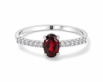 White Gold Garnet Ring 14K, Oval Red Garnet Ring, Dainty Diamond CZ Band, Minimalist Engagement Ring, Promise Ring, Gift for Her