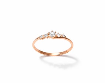 14K massief roségouden ring, witte zirkonia-band, minimalistische stapelbare beloftering