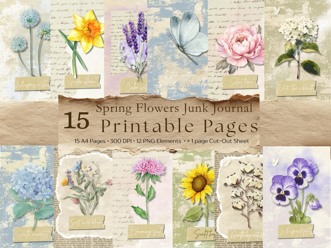 Spring Flower Digital Paper Kit, Floral Junk Journal Scrapbook Pages ...
