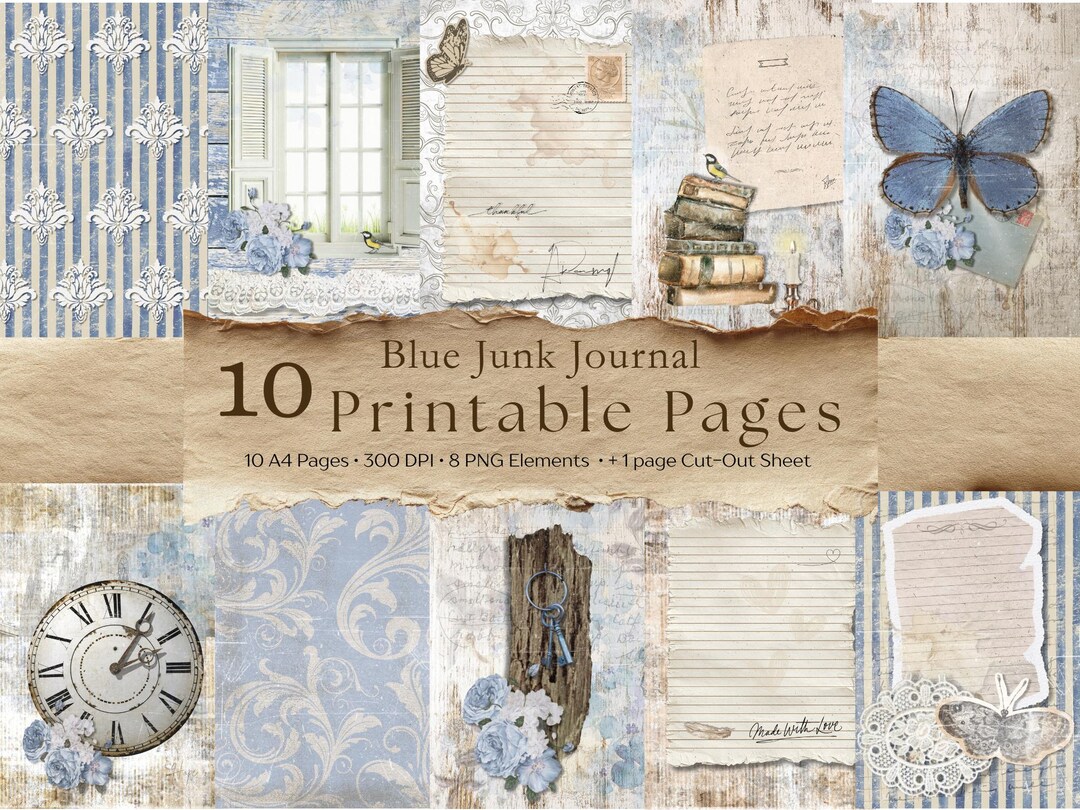 Blue Floral Digital Paper Pack | Shabby Chic Junk Journal Backgrounds ...