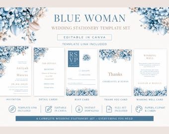 Conjunto de convites de casamento com tema "Mulher Azul", editável no Canva, conjunto floral azul para casamento, cartão de confirmação de presença, convite de casamento para imprimir.