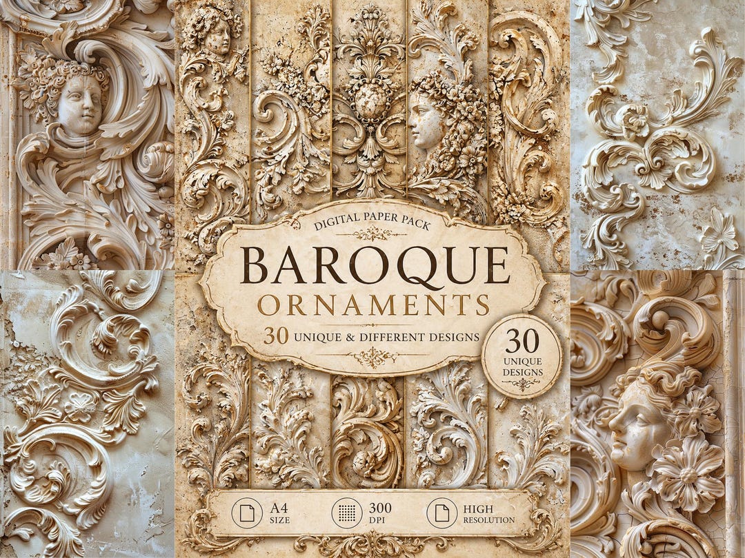 Baroque Digital Paper Pack, Vintage Ornamental Backgrounds, Junk ...