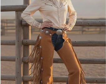 Chaparreras vaqueras para mujer / Pantalones de ante color gamuza / Chaparreras vaqueras con flecos hechas a mano