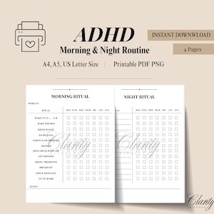 Peut inclure: Planificateur imprimable ADHD Routine Matin & Soir. Le design comprend une icône d'imprimante, le texte "ADHD", et les mots "Téléchargement instantané" et "4 pages". Le planificateur est disponible en formats A4, A5 et US Letter.