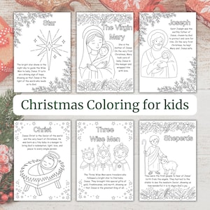 May include: A set of six black and white Christmas coloring pages for kids featuring illustrations of the Star, Virgin Mary, Joseph, Christ, Three Wise Men, and Shepherds, each with descriptive text about the Nativity story and holly borders.