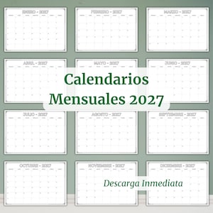 Puede incluir: Un conjunto de calendarios mensuales para 2027 que consta de doce páginas blancas individuales con líneas de cuadrícula y texto en negro. Cada página muestra el nombre del mes y el año en la parte superior, con los días de la semana sobre una cuadrícula.