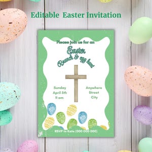 Puede incluir: Una invitación de Pascua con un borde verde y un interior blanco. La invitación incluye el texto "Easter Brunch & egg hunt" con una cruz e ilustraciones de huevos. La invitación está rodeada de coloridos huevos de Pascua.