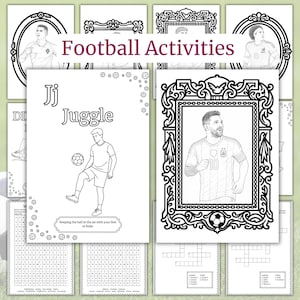 Puede incluir: Una colección de hojas de actividades imprimibles en blanco y negro tituladas Football Activities, que incluyen dibujos para colorear de futbolistas, sopas de letras y crucigramas. Una página muestra a un jugador haciendo malabares con el texto Jj Juggle.