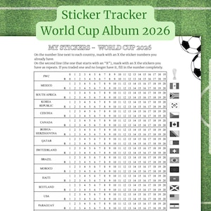 Könnte beinhalten: Ein weißer Aufkleber-Tracker für das World Cup 2026 Album. Das Dokument enthält eine Tabelle mit Ländernamen, Zahlenreihen zur Verfolgung der Aufkleber und den entsprechenden Nationalflaggen. Zwei Fußbälle sind in der oberen rechten Ecke zu sehen.