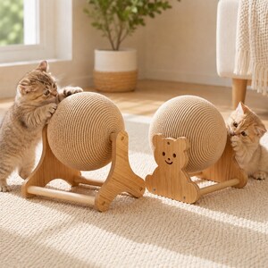 Bear Cat Scratching Post, Wooden Sisal Ball Toy, Indoor Cat Exercise Toy, Kitten Enrichment, Cat Mom Gift