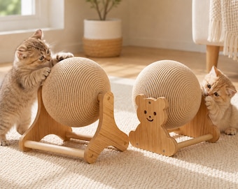 Bear Cat Scratching Post, Wooden Sisal Ball Toy, Indoor Cat Exercise Toy, Kitten Enrichment, Cat Mom Gift