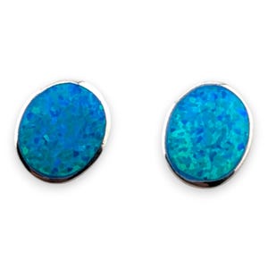 May include: A pair of oval-shaped stud earrings. Each earring features a vibrant blue opal stone set in a silver-colored metal. The opals have a speckled appearance with shades of blue and green.